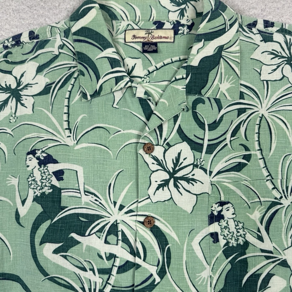 Tommy Bahama Hawaiian Camp Shirt Mens L Silk Linen Hibiscus Hula Girl Resortwear